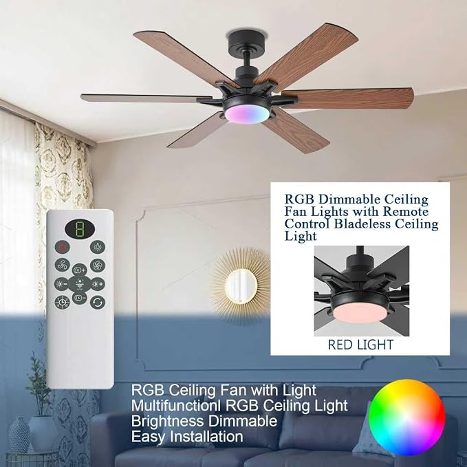 52in Ceiling Fans with Lights RGB Ceiling Fan with Light and Remote/APP Control,Low Profile Ceiling Fans with Lights for