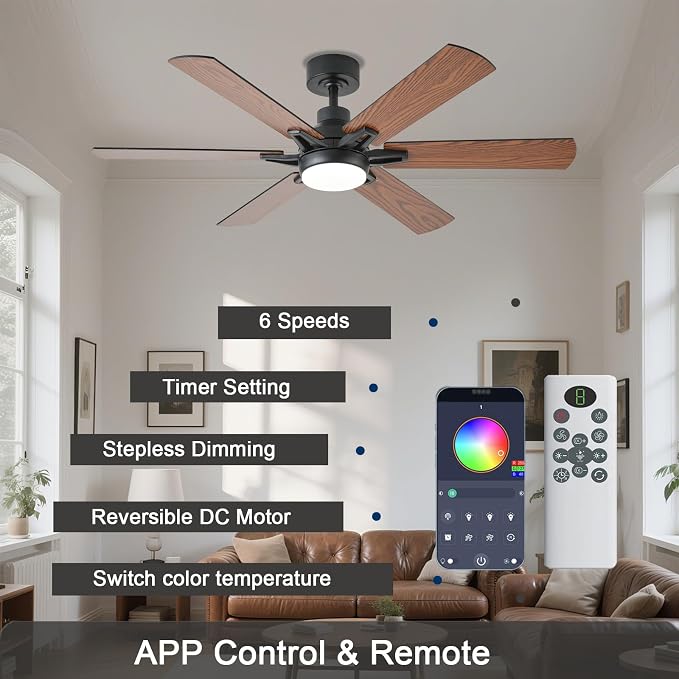 52in Ceiling Fans with Lights RGB Ceiling Fan with Light and Remote/APP Control,Low Profile Ceiling Fans with Lights for