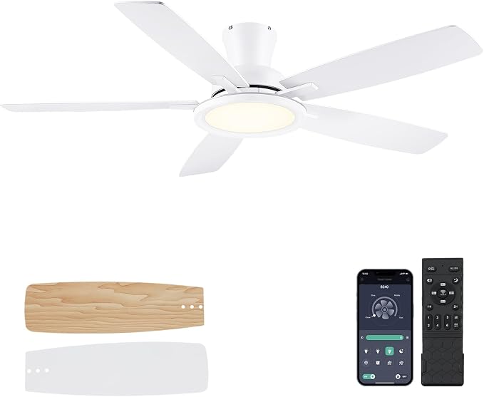 52In Flush Mount Ceiling Fans with Lights - White Low ProfileCeiling Fan with Remote/APP, Reversible, 3CCT Dimmable, Modern
