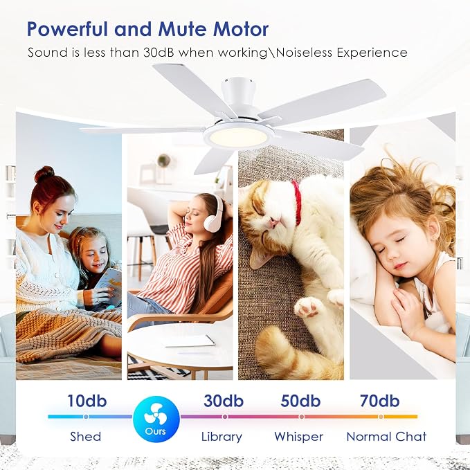 52In Flush Mount Ceiling Fans with Lights - White Low ProfileCeiling Fan with Remote/APP, Reversible, 3CCT Dimmable, Modern