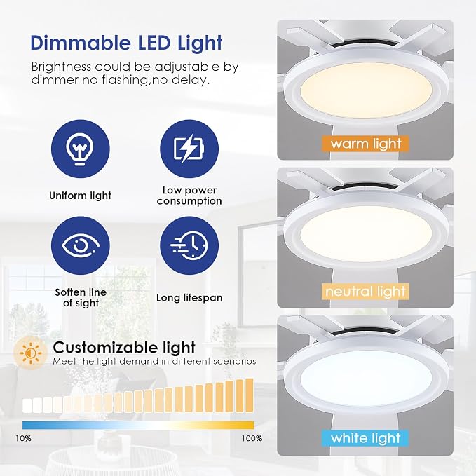 52In Flush Mount Ceiling Fans with Lights - White Low ProfileCeiling Fan with Remote/APP, Reversible, 3CCT Dimmable, Modern
