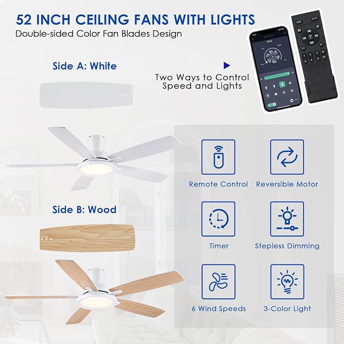 52In Flush Mount Ceiling Fans with Lights - White Low ProfileCeiling Fan with Remote/APP, Reversible, 3CCT Dimmable, Modern