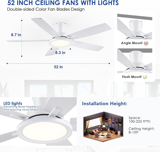 52In Flush Mount Ceiling Fans with Lights - White Low ProfileCeiling Fan with Remote/APP, Reversible, 3CCT Dimmable, Modern