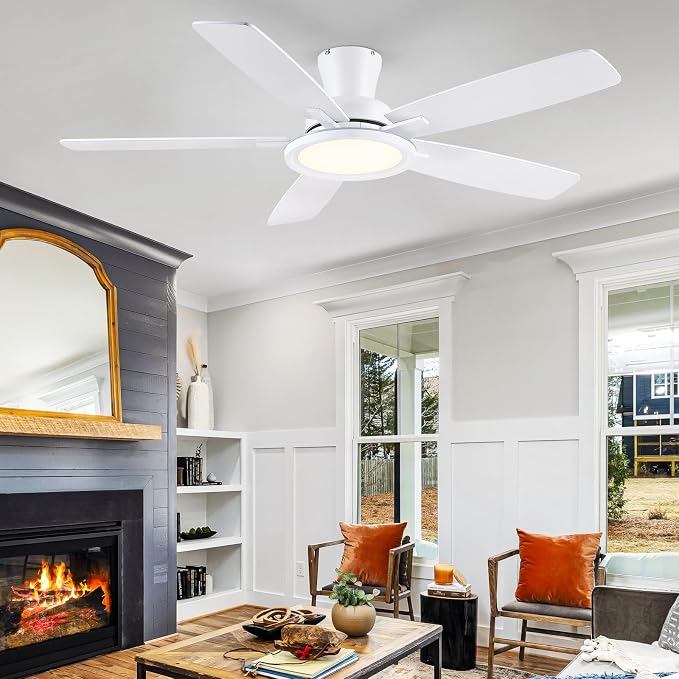 52In Flush Mount Ceiling Fans with Lights - White Low ProfileCeiling Fan with Remote/APP, Reversible, 3CCT Dimmable, Modern