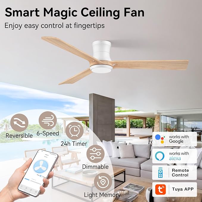 52in Smart Ceiling Fans with Lights,Remote/APP/Alexa Control,Low Profile Flush Mount Ceiling Fan for Modern Bedroom Living