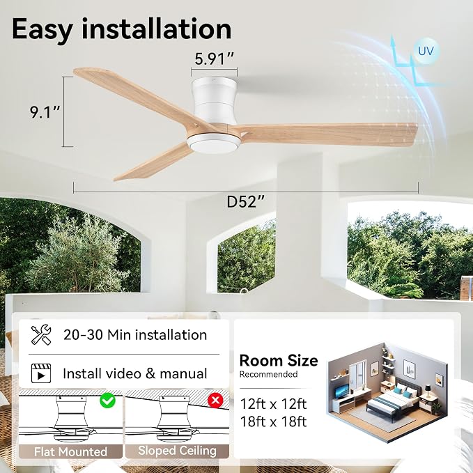 52in Smart Ceiling Fans with Lights,Remote/APP/Alexa Control,Low Profile Flush Mount Ceiling Fan for Modern Bedroom Living