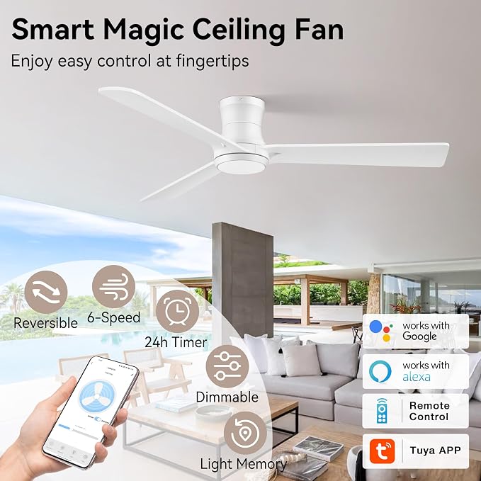 52in Wood Smart Ceiling Fans with Lights Remote,Control via Voice Alexa App,Quiet DC Motor,Low Profile Flush Mount Ceiling
