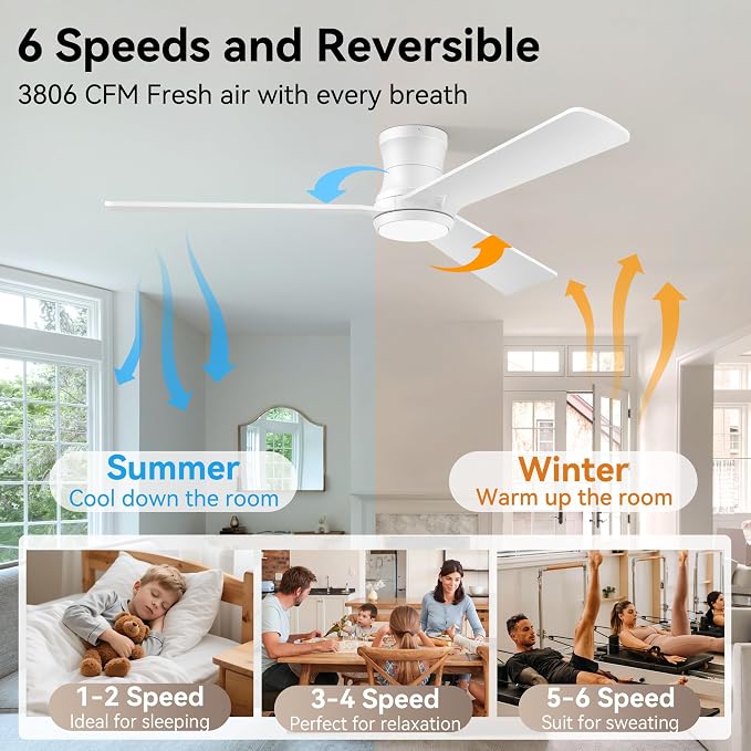 52in Wood Smart Ceiling Fans with Lights Remote,Control via Voice Alexa App,Quiet DC Motor,Low Profile Flush Mount Ceiling