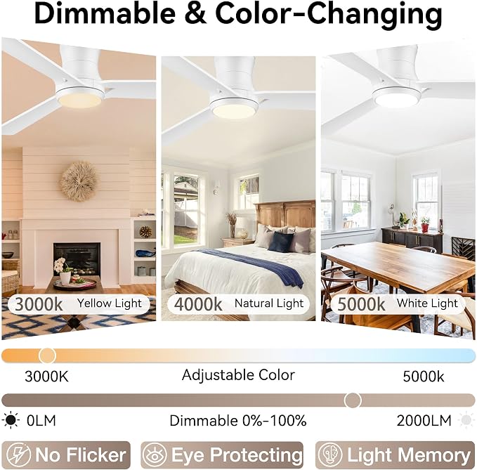 52in Wood Smart Ceiling Fans with Lights Remote,Control via Voice Alexa App,Quiet DC Motor,Low Profile Flush Mount Ceiling