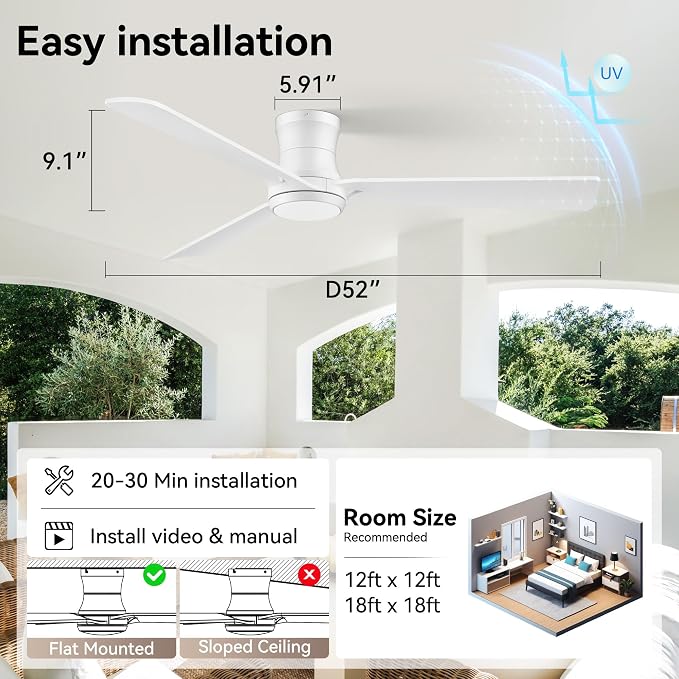 52in Wood Smart Ceiling Fans with Lights Remote,Control via Voice Alexa App,Quiet DC Motor,Low Profile Flush Mount Ceiling