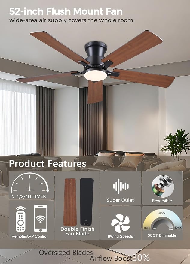 52Inch Ceiling Fan with Lights and Remotes, Modern Smart Flush Mount Ceiling Fans,DC Reversible Motor, 3CCT