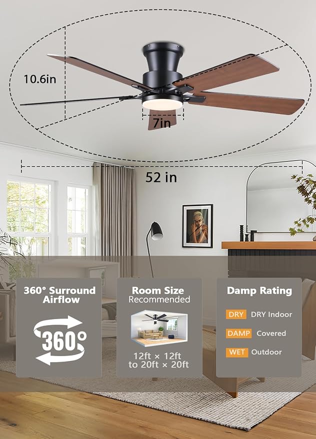 52Inch Ceiling Fan with Lights and Remotes, Modern Smart Flush Mount Ceiling Fans,DC Reversible Motor, 3CCT