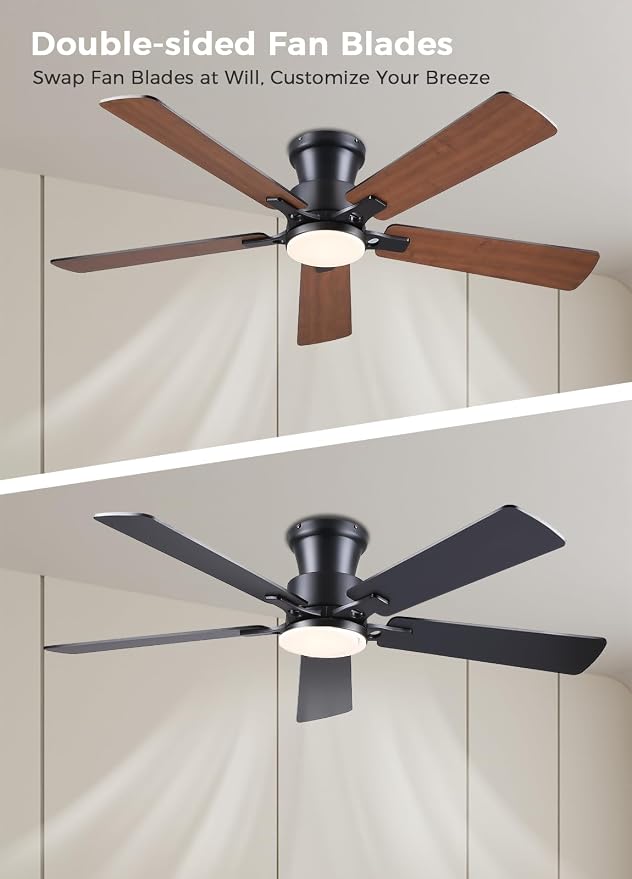 52Inch Ceiling Fan with Lights and Remotes, Modern Smart Flush Mount Ceiling Fans,DC Reversible Motor, 3CCT