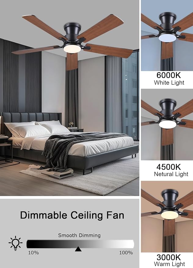 52Inch Ceiling Fan with Lights and Remotes, Modern Smart Flush Mount Ceiling Fans,DC Reversible Motor, 3CCT