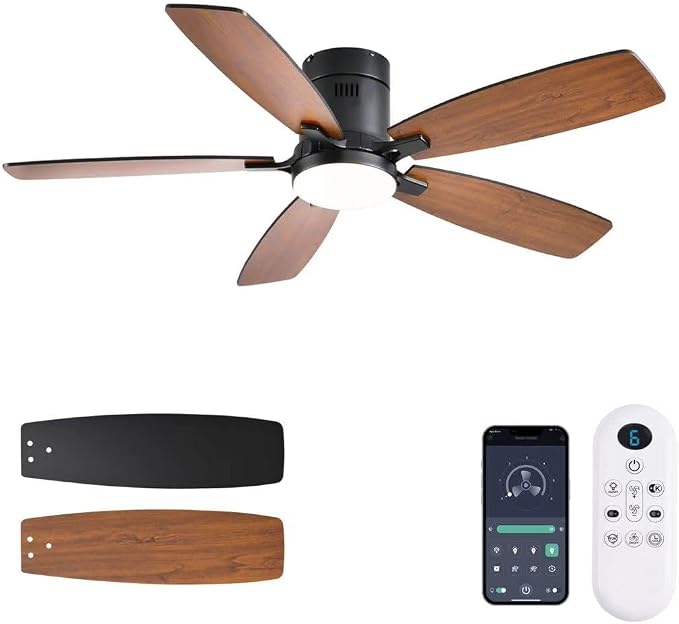 52inch Ceiling Fans with Lights, Low Profile Ceiling Fan with Light and Remote Control/APP Control, Flush Mount, Reversible