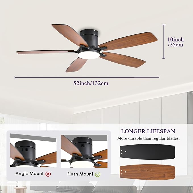 52inch Ceiling Fans with Lights, Low Profile Ceiling Fan with Light and Remote Control/APP Control, Flush Mount, Reversible