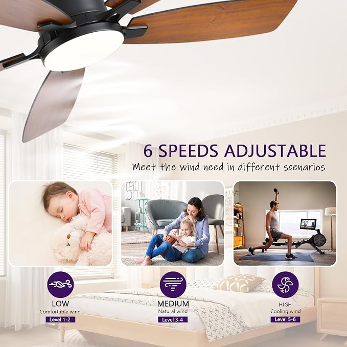 52inch Ceiling Fans with Lights, Low Profile Ceiling Fan with Light and Remote Control/APP Control, Flush Mount, Reversible