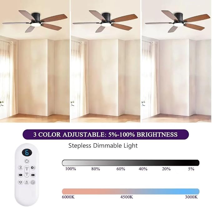52inch Ceiling Fans with Lights, Low Profile Ceiling Fan with Light and Remote Control/APP Control, Flush Mount, Reversible