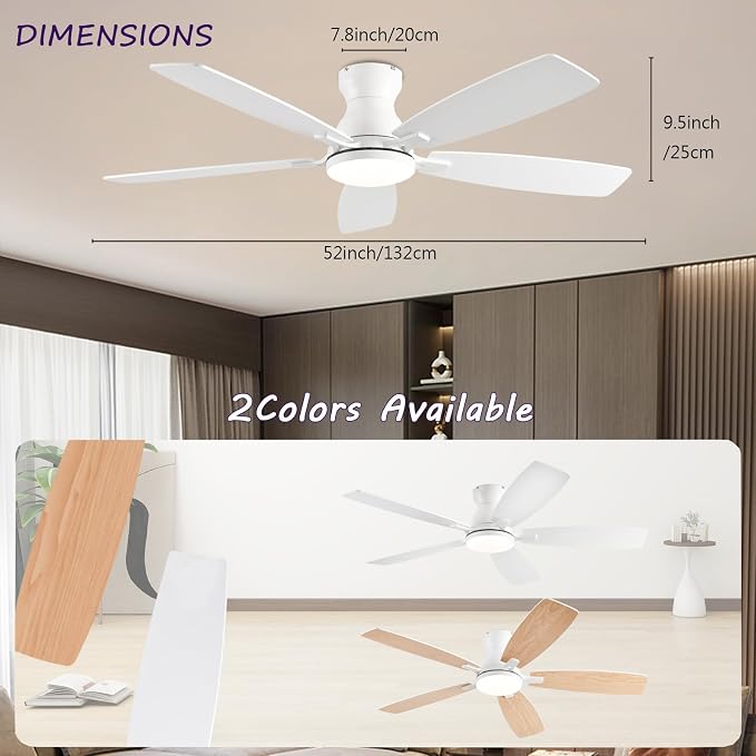 52inch Ceiling Fans with Lights, Low Profile Ceiling Fan with Light and Remote Control/APP Control, DC Reversible Motor