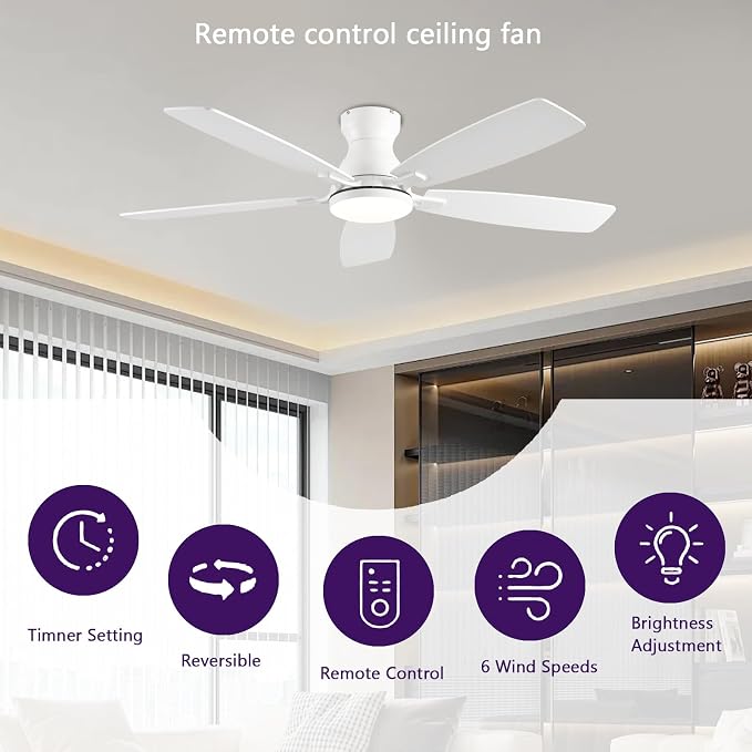 52inch Ceiling Fans with Lights, Low Profile Ceiling Fan with Light and Remote Control/APP Control, DC Reversible Motor