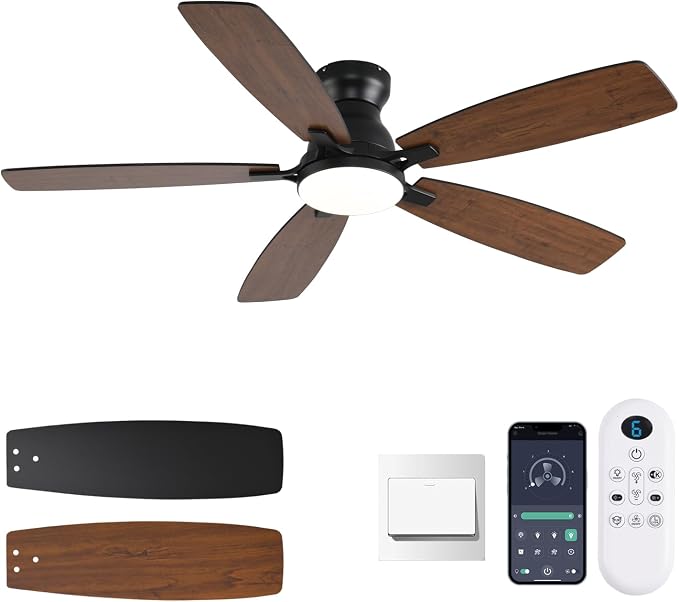 52inch Ceiling Fans with Lights, Low Profile Ceiling Fan with Light and Remote/APP Control, DC Reversible Motor, Noiseless