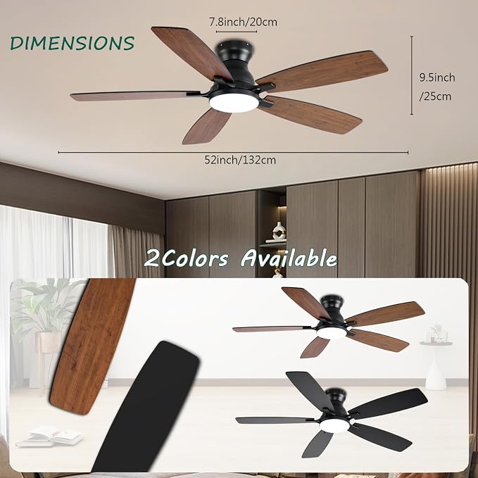 52inch Ceiling Fans with Lights, Low Profile Ceiling Fan with Light and Remote/APP Control, DC Reversible Motor, Noiseless
