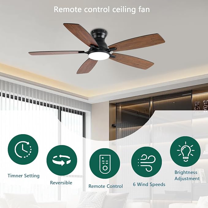 52inch Ceiling Fans with Lights, Low Profile Ceiling Fan with Light and Remote/APP Control, DC Reversible Motor, Noiseless
