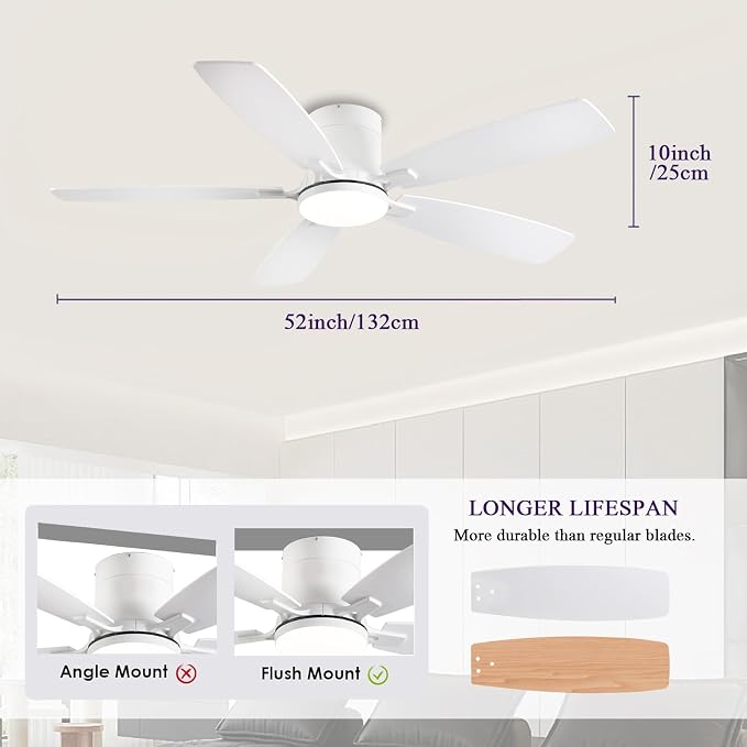 52inch Flush Mount Ceiling Fans with Lights and Remote/APP Control, Dimmable LED, Reversible DC Motor, Noiseless, Low Profile