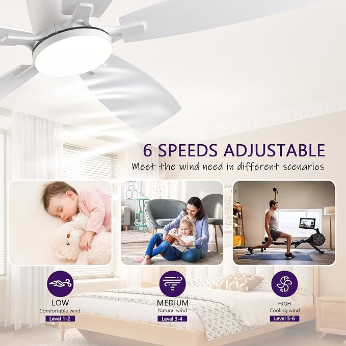 52inch Flush Mount Ceiling Fans with Lights and Remote/APP Control, Dimmable LED, Reversible DC Motor, Noiseless, Low Profile