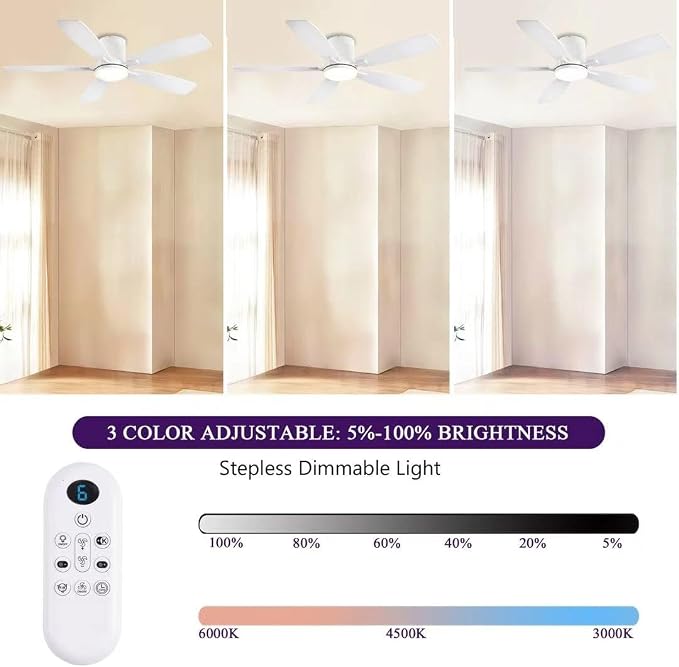 52inch Flush Mount Ceiling Fans with Lights and Remote/APP Control, Dimmable LED, Reversible DC Motor, Noiseless, Low Profile