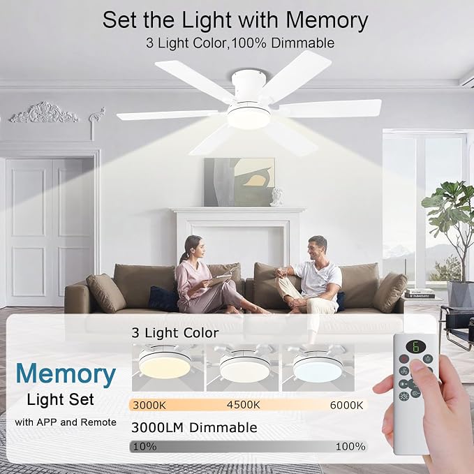 52inch Low Profile Ceiling Fan with Light and Remote/APP Control, LED Dimmable DC ReversibleModern, Flush, alternate view 5