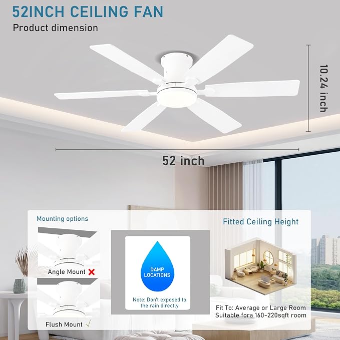 52inch Low Profile Ceiling Fan with Light and Remote/APP Control, LED Dimmable DC ReversibleModern, Flush, alternate view 7