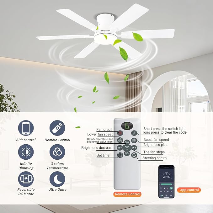 52inch Low Profile Ceiling Fan with Light and Remote/APP Control, LED Dimmable DC ReversibleModern, Flush, alternate view 8