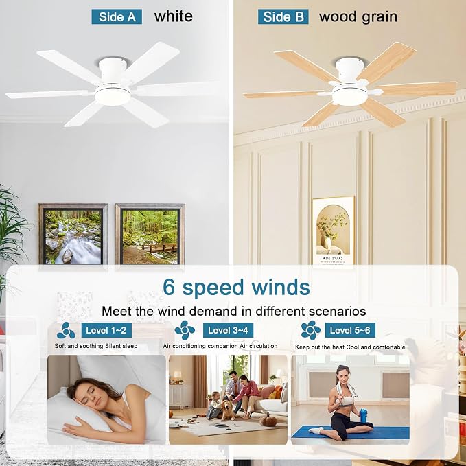 52inch Low Profile Ceiling Fan with Light and Remote/APP Control, LED Dimmable DC ReversibleModern, Flush, alternate view 9