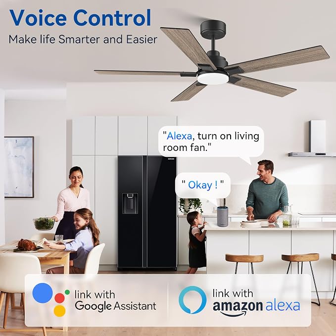 52Inch Smart Ceiling Fan with Lights Remote,APP&Voice Alexa WIFI Controled,Quiet Reversible DC Motor,Dimmable LED,Indoor