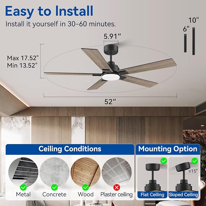 52Inch Smart Ceiling Fan with Lights Remote,APP&Voice Alexa WIFI Controled,Quiet Reversible DC Motor,Dimmable LED,Indoor