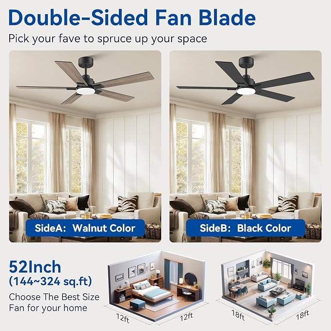 52Inch Smart Ceiling Fan with Lights Remote,APP&Voice Alexa WIFI Controled,Quiet Reversible DC Motor,Dimmable LED,Indoor