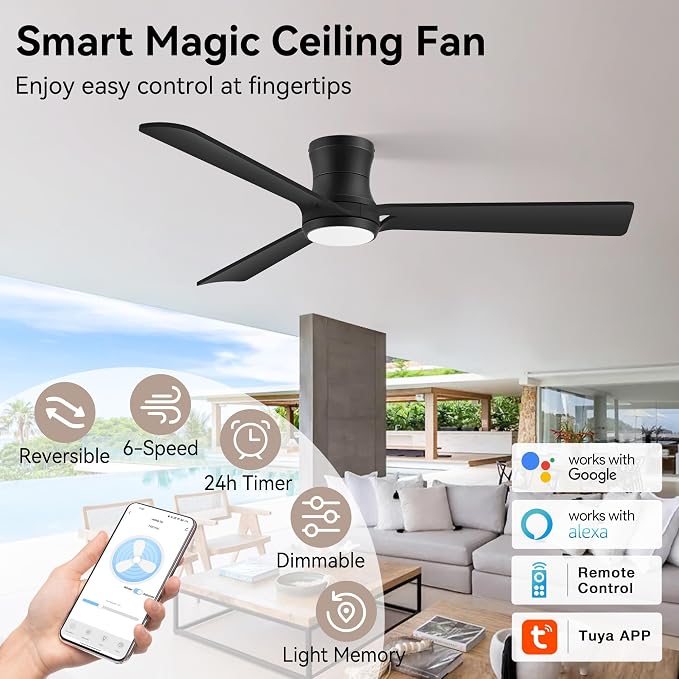 52inch Smart Ceiling Fans with Lights,Remote/APP/Alexa Control,Quiet DC Motor,Wood Low Profile Flush Mount Ceiling Fan for