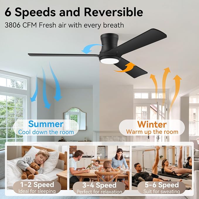 52inch Smart Ceiling Fans with Lights,Remote/APP/Alexa Control,Quiet DC Motor,Wood Low Profile Flush Mount Ceiling Fan for