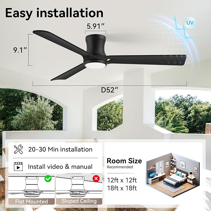 52inch Smart Ceiling Fans with Lights,Remote/APP/Alexa Control,Quiet DC Motor,Wood Low Profile Flush Mount Ceiling Fan for