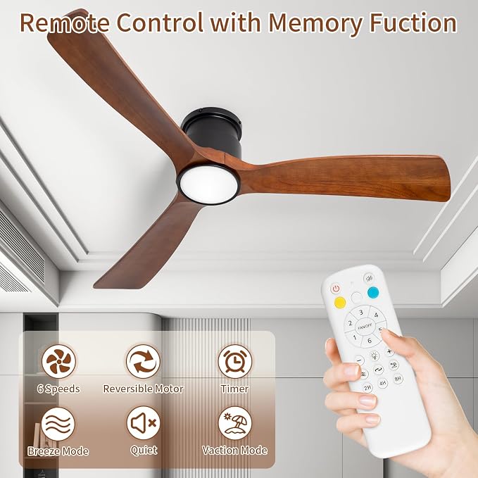 52inches Ceiling Fan with Lights,Wooden Flush Mount Ceiling Fans with Remote Control,Dimmable Light,3 CCT,6 Speeds,Noiseless