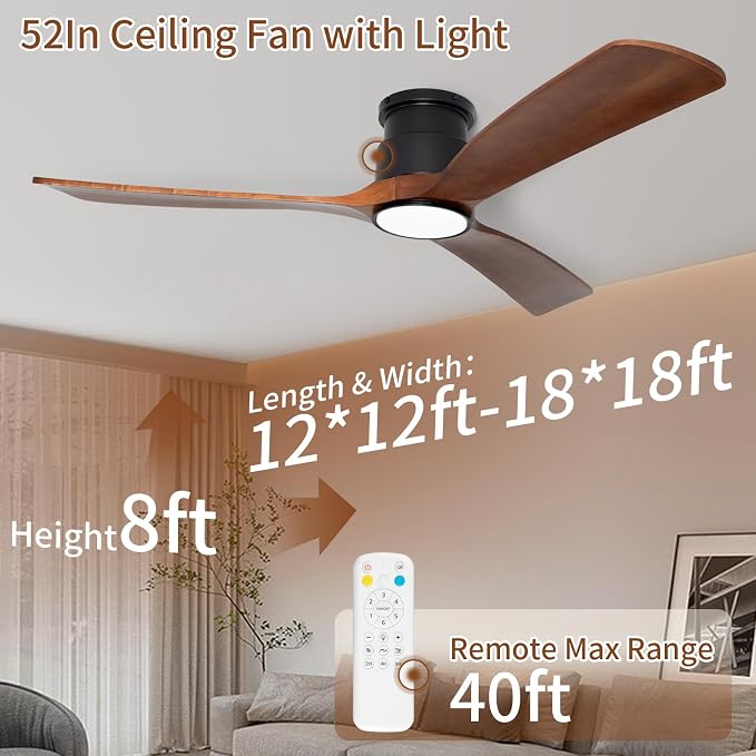 52inches Ceiling Fan with Lights,Wooden Flush Mount Ceiling Fans with Remote Control,Dimmable Light,3 CCT,6 Speeds,Noiseless