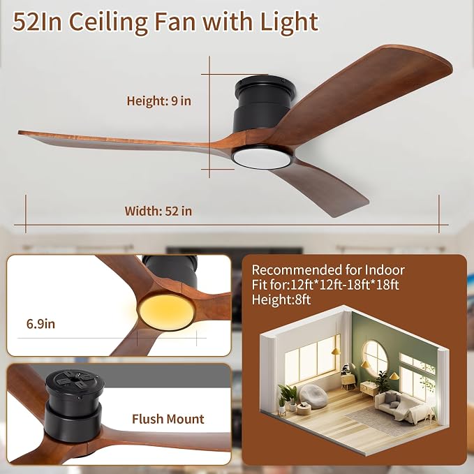 52inches Ceiling Fan with Lights,Wooden Flush Mount Ceiling Fans with Remote Control,Dimmable Light,3 CCT,6 Speeds,Noiseless