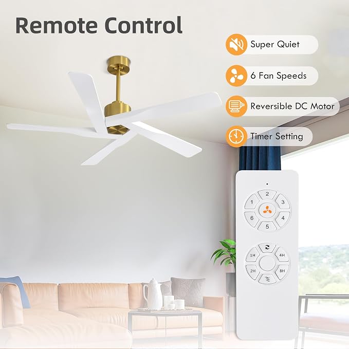 54" ABS DC Ceiling Fan No Light, 5 Blade ABS Plastic Ceiling Fan with Remote, 6-Speed Reversible DC Motor, Ceiling Fans