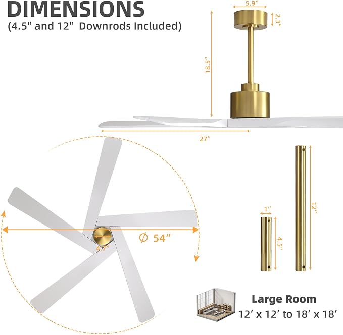 54" ABS DC Ceiling Fan No Light, 5 Blade ABS Plastic Ceiling Fan with Remote, 6-Speed Reversible DC Motor, Ceiling Fans