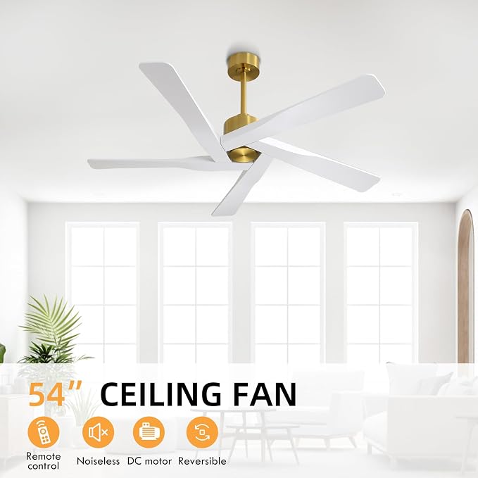 54" ABS DC Ceiling Fan No Light, 5 Blade ABS Plastic Ceiling Fan with Remote, 6-Speed Reversible DC Motor, Ceiling Fans