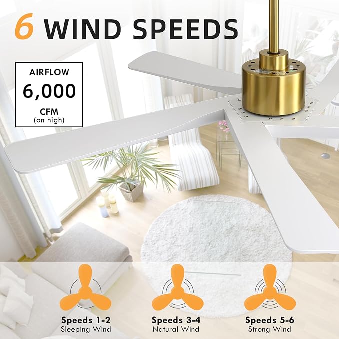 54" ABS DC Ceiling Fan No Light, 5 Blade ABS Plastic Ceiling Fan with Remote, 6-Speed Reversible DC Motor, Ceiling Fans