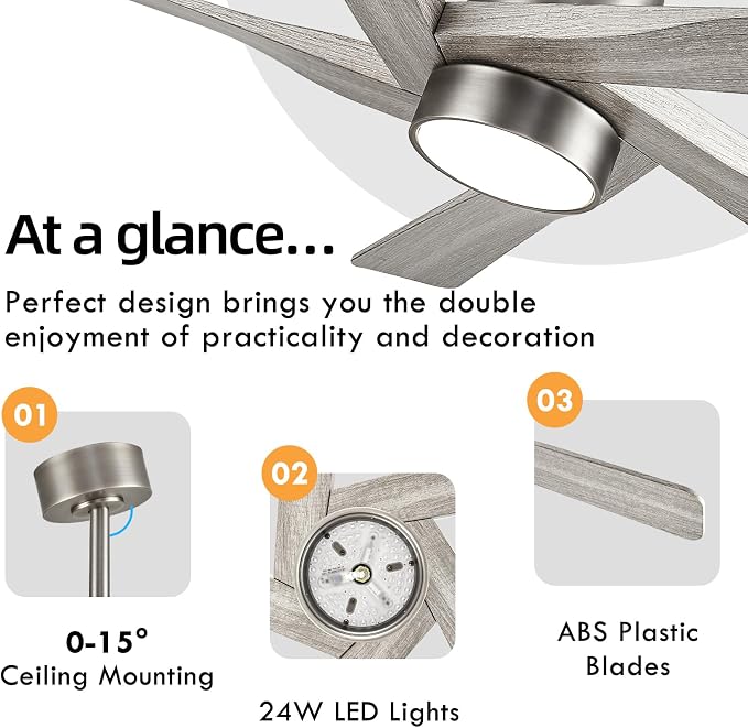 54" ABS DC Ceiling Fan with Lights, 5 Blade ABS Wood Grain Ceiling Fan with Remote, 6-Speed Reversible DC Motor, LED Ceiling