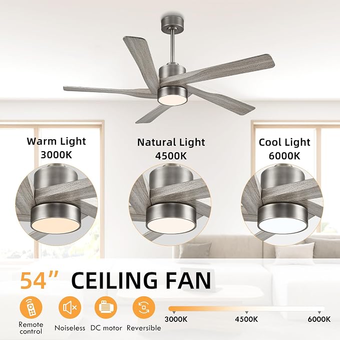 54" ABS DC Ceiling Fan with Lights, 5 Blade ABS Wood Grain Ceiling Fan with Remote, 6-Speed Reversible DC Motor, LED Ceiling