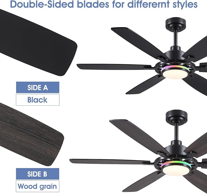 54" Black RGB Ceiling Fans with Lights and Remote/APP,Modern Ceiling Fans with Quiet Reversible DC Motor for Bedroom Kids